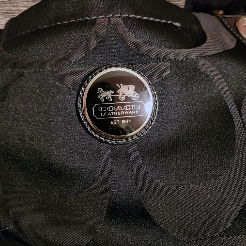COACH #1449 Black Alex Sateen Patten Leather Monogram Shoulder Bucket Tote - Picture 5 of 11